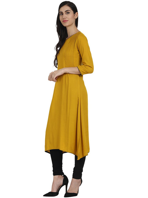 Solid Yellow 3/4th Sleeve rayon A-line Kurta with pleats work at yoke