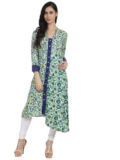 Nayo Green printed 3/4th Sleeve rayon Assymetric Kurta with Front Open