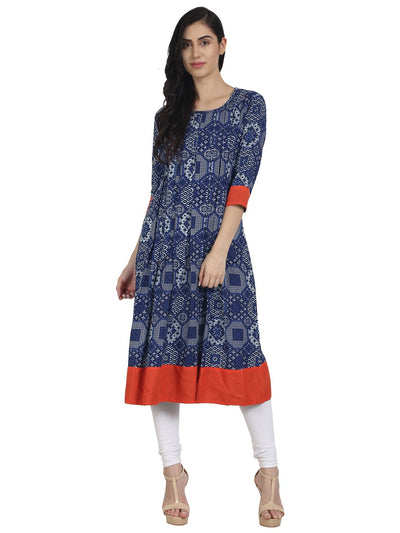 Nayo Blue 3/4th Sleeve cotton Printed A-line Kurta