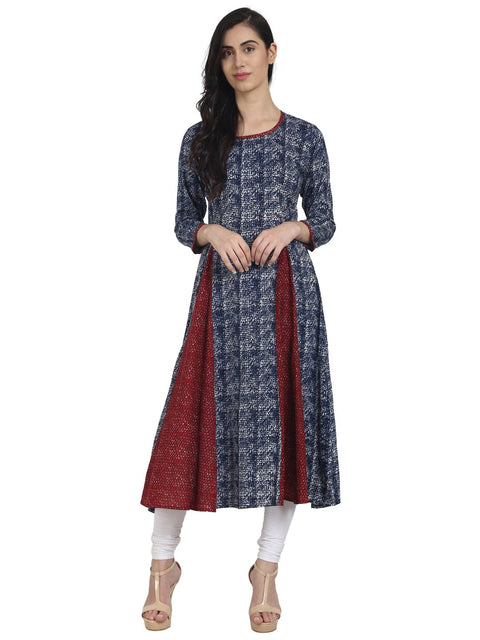 Nayo Women Blue printed 3/4th Sleeve cotton A-line Kurta