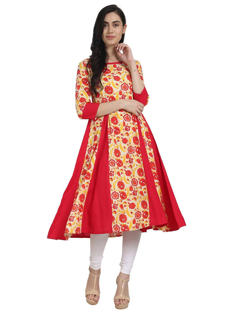 Nayo Women Red Printed 3/4th Sleeve rayon A-line kurta