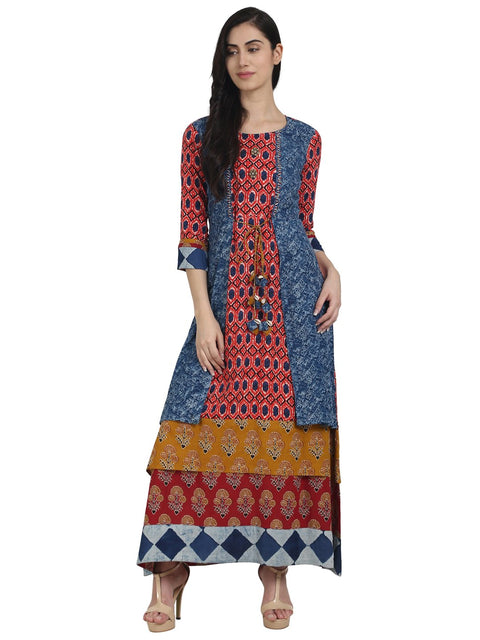 Nayo Women Blue printed 3/4th sleeve cotton A-line kurta
