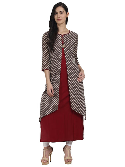 Nayo Maroon cotton sleeveless kurta with 3/4th sleeve beige printed front open kurta