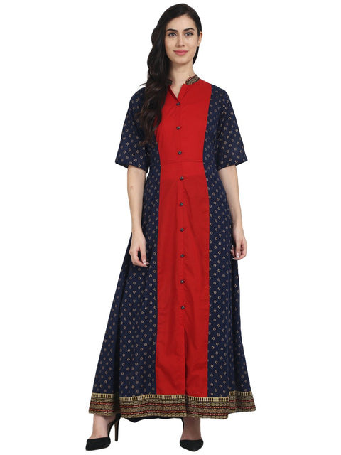 Nayo Women Blue printed cotton half sleeve front open floor length A-line kurta