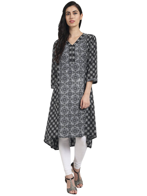 Nayo Women Black printed 3/4th sleeve cotton low-high kurta