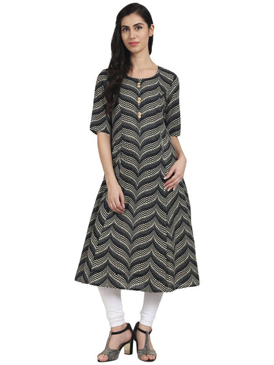 Nayo Black printed half sleeve cotton A-line kurta with front pocket