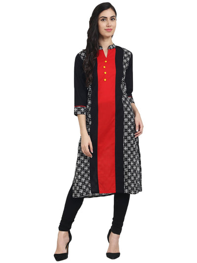 Nayo Black printed 3/4th sleeve cotton kurta