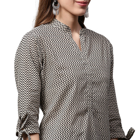 Black printed 3/4th sleeve cotton Low High Kurta