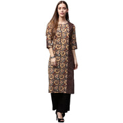 Yellow & Black printed 3/4th Sleeve cotton Straight kurta