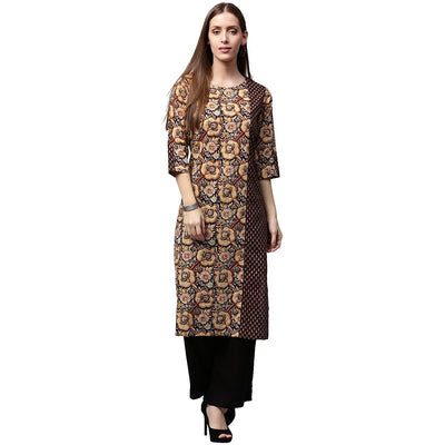 Yellow & Black printed 3/4th Sleeve cotton Straight kurta