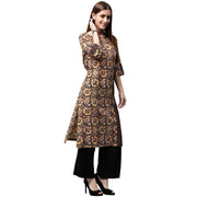 Yellow & Black printed 3/4th Sleeve cotton Straight kurta