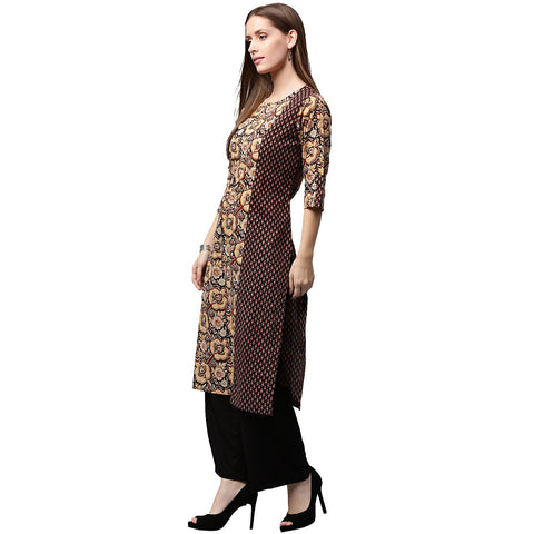 Yellow & Black printed 3/4th Sleeve cotton Straight kurta