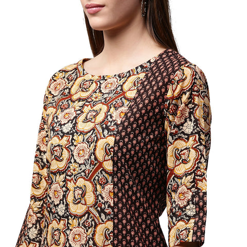 Yellow & Black printed 3/4th Sleeve cotton Straight kurta