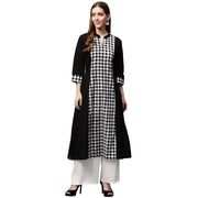 Black printed 3/4th sleeve cotton A-line Kurta