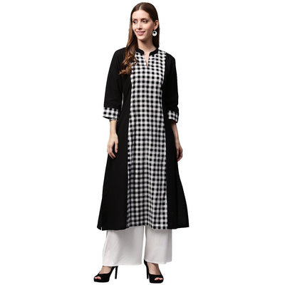 Black printed 3/4th sleeve cotton A-line Kurta