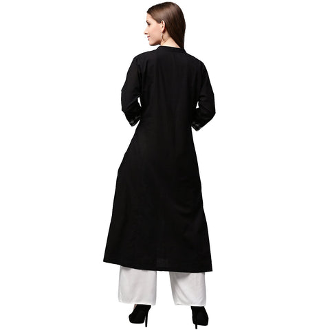 Black printed 3/4th sleeve cotton A-line Kurta