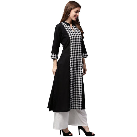 Black printed 3/4th sleeve cotton A-line Kurta