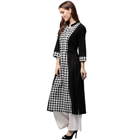 Black printed 3/4th sleeve cotton A-line Kurta