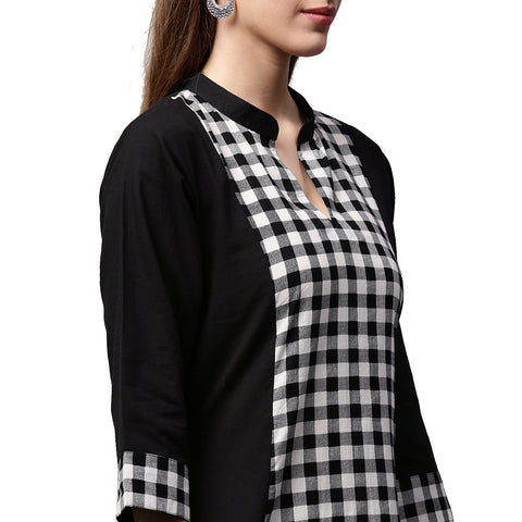 Black printed 3/4th sleeve cotton A-line Kurta