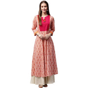 Peach printed 3/4th sleeve cold shoulder cotton slub Anarkali kurta