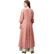 Peach printed 3/4th sleeve cold shoulder cotton slub Anarkali kurta