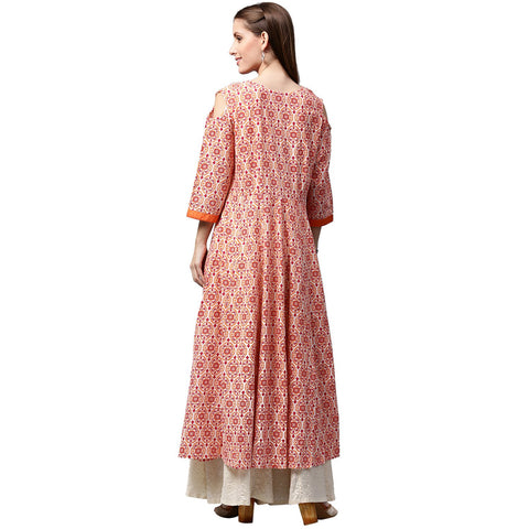 Peach printed 3/4th sleeve cold shoulder cotton slub Anarkali kurta
