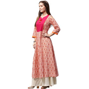 Peach printed 3/4th sleeve cold shoulder cotton slub Anarkali kurta