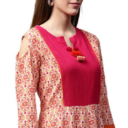 Peach printed 3/4th sleeve cold shoulder cotton slub Anarkali kurta
