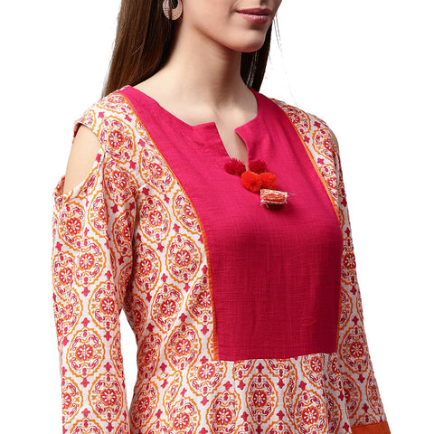 Peach printed 3/4th sleeve cold shoulder cotton slub Anarkali kurta