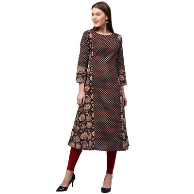 Black printed full sleeve Cotton A-line Kurta