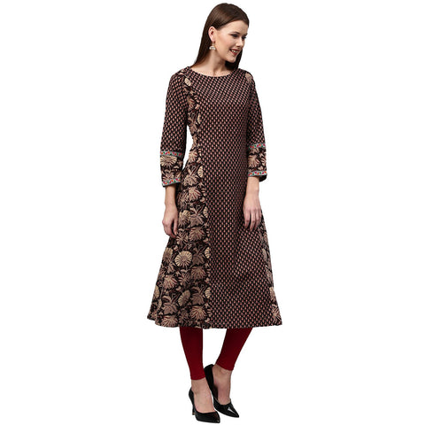 Black printed full sleeve Cotton A-line Kurta