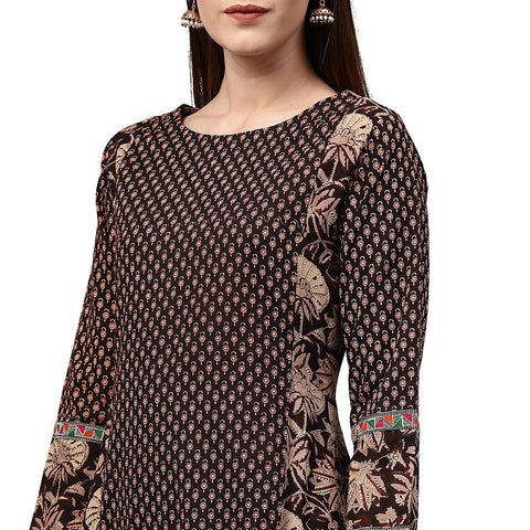 Black printed full sleeve Cotton A-line Kurta