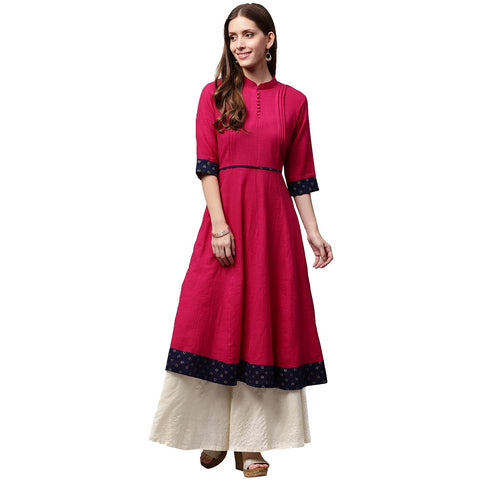 Pink 3/4th Sleeve Cotton Slub Anarkali kurta