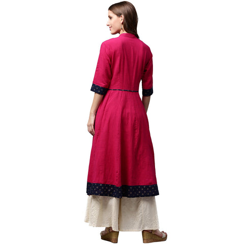 Pink 3/4th Sleeve Cotton Slub Anarkali kurta