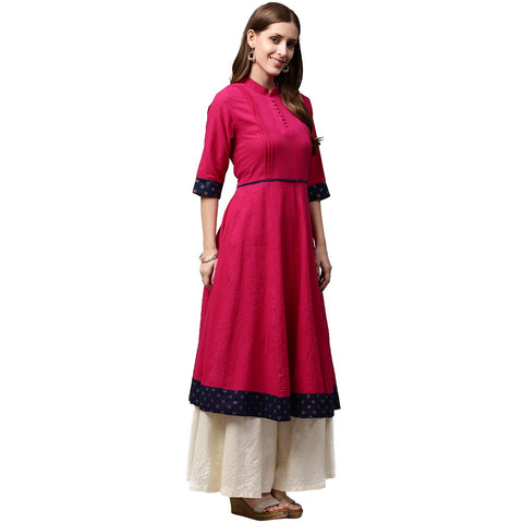 Pink 3/4th Sleeve Cotton Slub Anarkali kurta