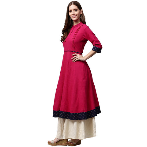 Pink 3/4th Sleeve Cotton Slub Anarkali kurta