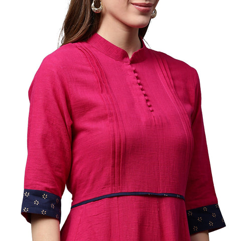 Pink 3/4th Sleeve Cotton Slub Anarkali kurta