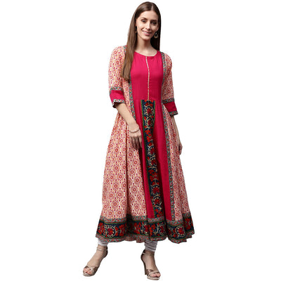 Peach & pink printed 3/4th Sleeve Cotton Slub Anarkali kurta