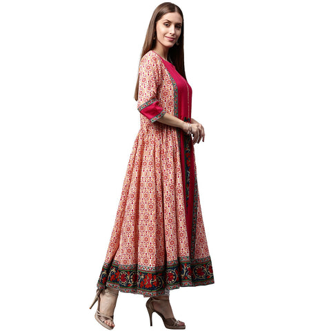 Peach & pink printed 3/4th Sleeve Cotton Slub Anarkali kurta