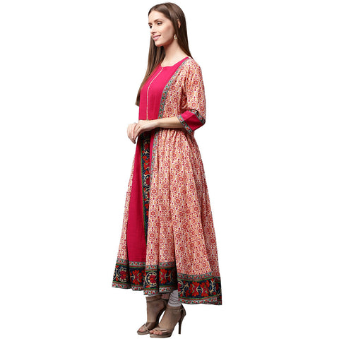 Peach & pink printed 3/4th Sleeve Cotton Slub Anarkali kurta