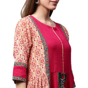 Peach & pink printed 3/4th Sleeve Cotton Slub Anarkali kurta