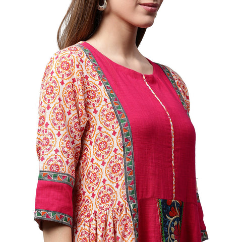 Peach & pink printed 3/4th Sleeve Cotton Slub Anarkali kurta