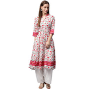 White & Red printed 3/4th Sleeve Cotton Anarkali Kurta