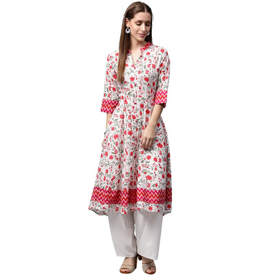 White & Red printed 3/4th Sleeve Cotton Anarkali Kurta