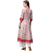White & Red printed 3/4th Sleeve Cotton Anarkali Kurta