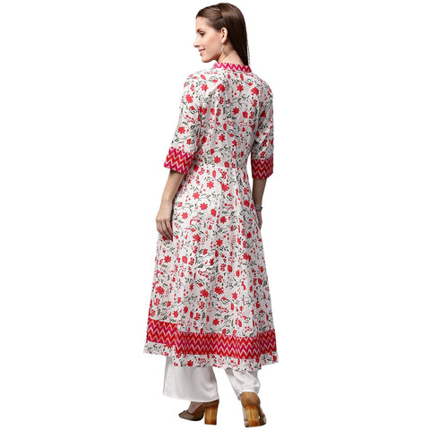 White & Red printed 3/4th Sleeve Cotton Anarkali Kurta