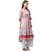 White & Red printed 3/4th Sleeve Cotton Anarkali Kurta