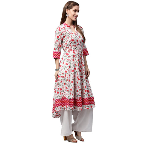 White & Red printed 3/4th Sleeve Cotton Anarkali Kurta