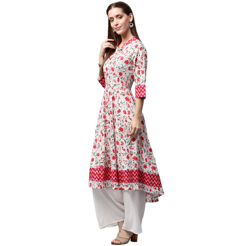White & Red printed 3/4th Sleeve Cotton Anarkali Kurta