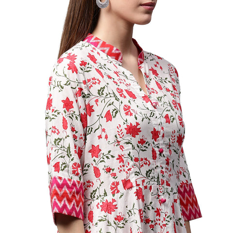 White & Red printed 3/4th Sleeve Cotton Anarkali Kurta